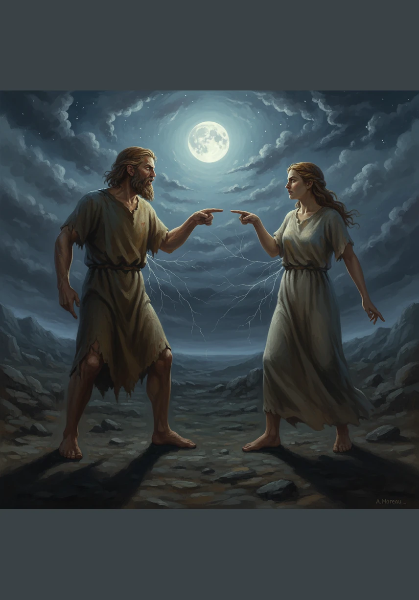 La mirada entre Adán y su compañera se ha vuelto fría y cargada de reproches silenciosos bajo la luz de la luna. Donde antes había una unión perfecta y transparente, ahora hay dedos que señalan y palabras que intentan desviar la propia culpa hacia el otro. Las relaciones humanas se llenan de grietas invisibles que fracturan la paz que una vez compartieron.