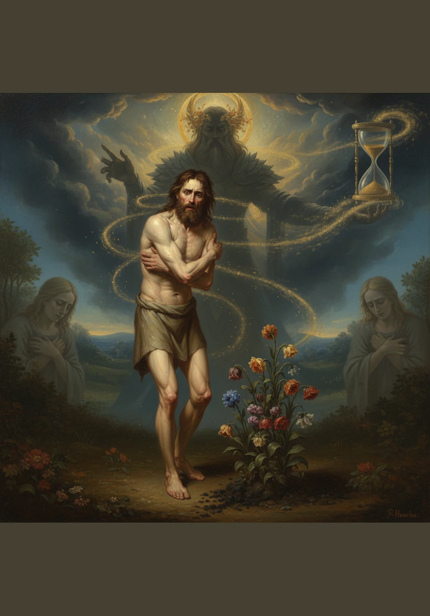 Un escalofrío recorre el cuerpo de Adán al comprender que su tiempo en este mundo tiene ahora un final inevitable y silencioso. Siente la fragilidad de su propia piel y observa cómo las flores se marchitan, recordándole que él también volverá al polvo. Las palabras de la sentencia resuenan en su mente como el tic-tac de un reloj de arena que ha comenzado a descontar sus últimos granos.