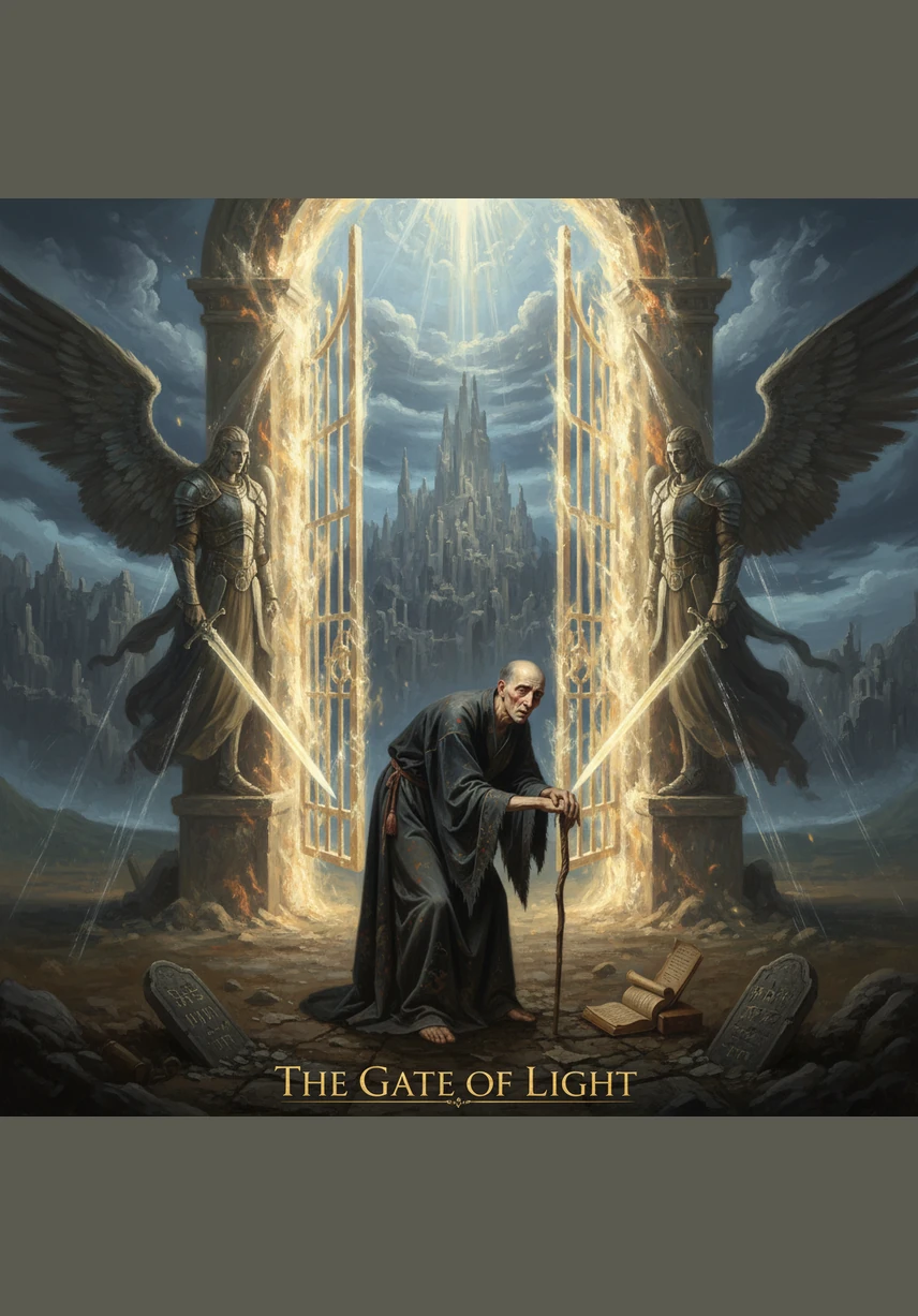 Grandes puertas de luz y fuego se cierran con estrépito detrás de Adán, custodiadas por seres celestiales de miradas severas que impiden cualquier regreso. El acceso al Árbol de la Vida queda sellado definitivamente, marcando el inicio de una travesía por tierras áridas y extrañas. El silencio que sigue al cierre de las puertas es el sonido más triste y definitivo que jamás ha escuchado.