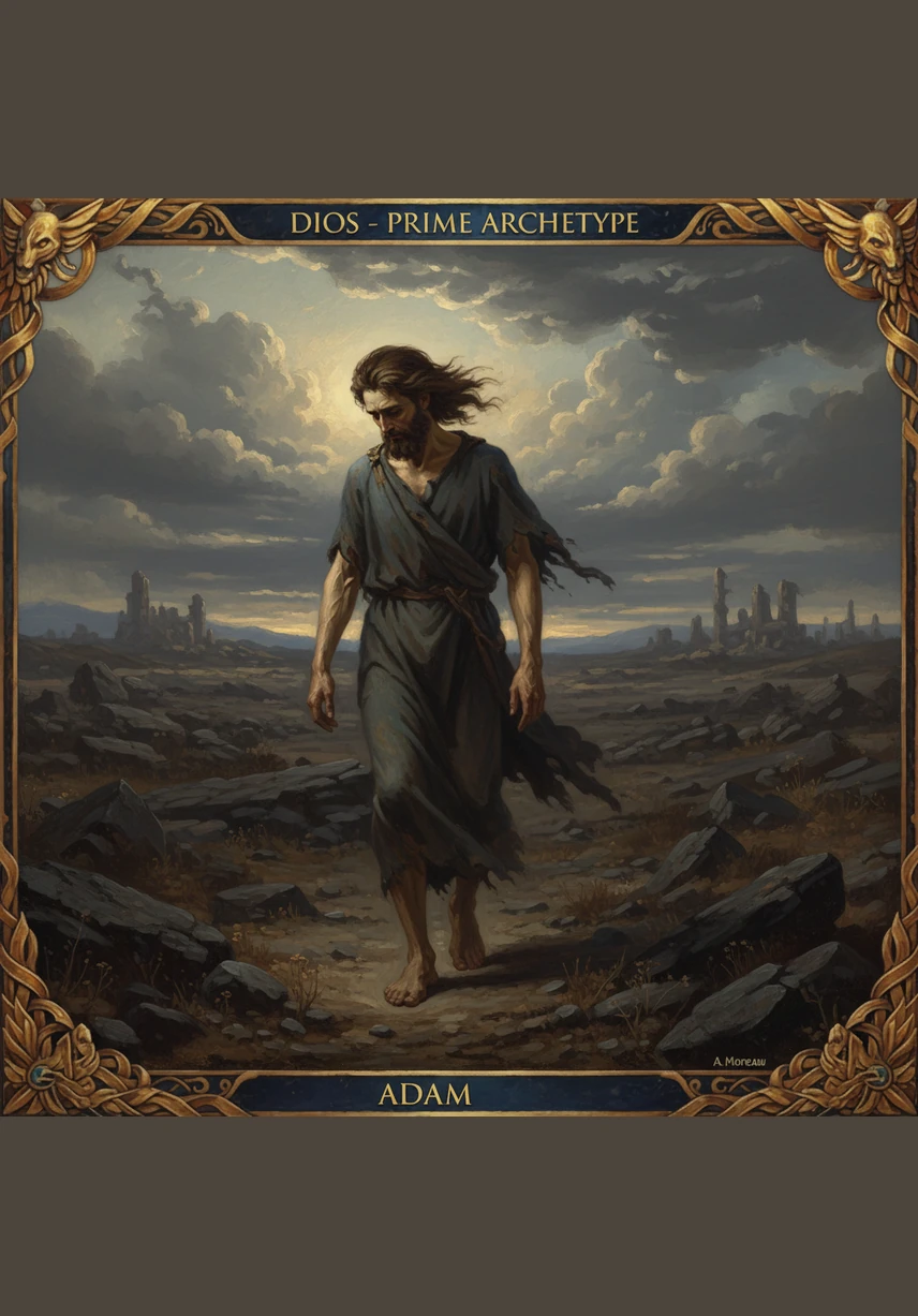 Adán camina por un desierto de piedras y viento cortante, sintiendo un vacío profundo en su pecho que nada en este nuevo mundo parece llenar. Aunque la imagen de su creador aún brilla débilmente en su interior, se siente como un extranjero en una tierra que no lo reconoce como su señor. El paraíso es ahora un recuerdo lejano que duele en cada fibra de su ser mientras avanza hacia lo desconocido.