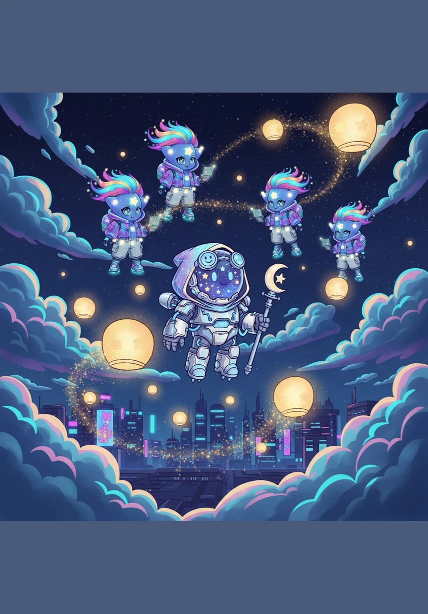 To light their way through the darkest patches of the sky, the stars began to weave together strands of golden stardust into glowing lanterns. The night became a sea of floating lights, casting a warm and hopeful glow on the silent clouds.
