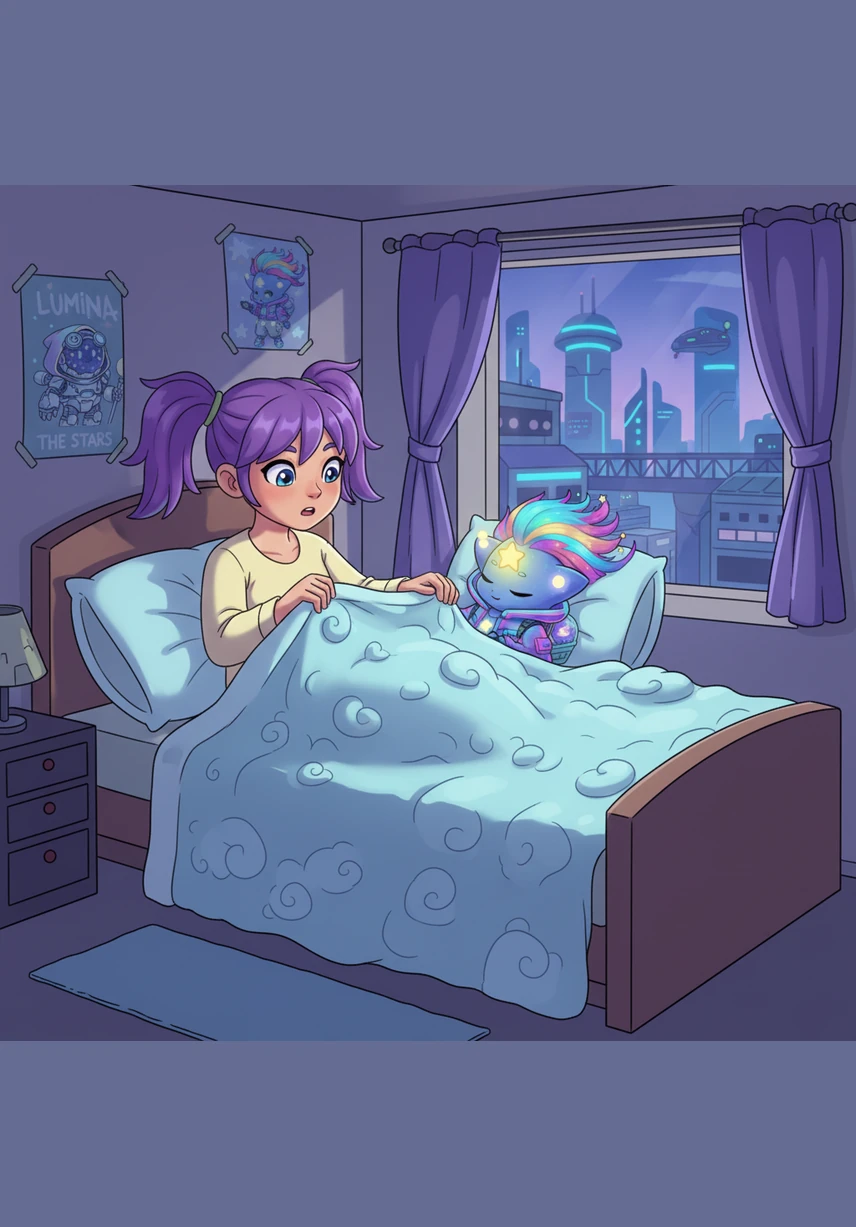 Slowly, a sliver of bright light appeared as Luna pulled back her cloud blanket just a little bit. Her face was glowing with a soft, rosy hue, showing the stars that she was happy to be found by such kind friends.