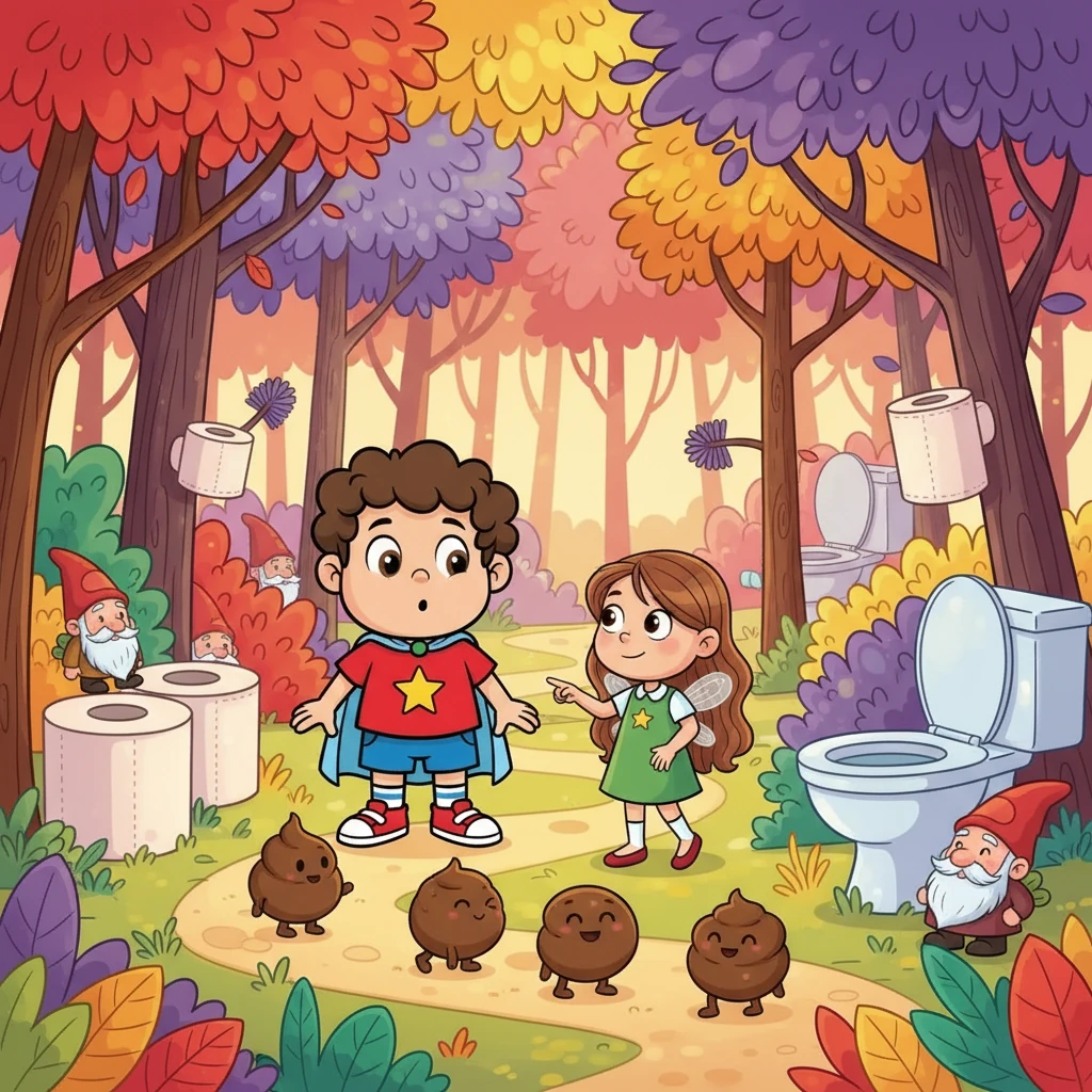 Gizemli Tuvalet Ormanı'nda, Güney ve Peri, rengarenk yaprakların arasında yürürken minik cücelerle tanıştılar. Birden, yoldan yürüyen kahverengi toplar belirdi. Cesur Peri, bunların yolculuk yapan kakalar olduğunu açıkladı.