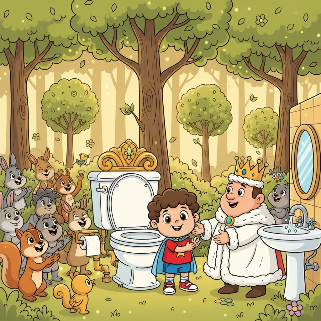 Sonunda Tuvalet Krallığı'na vardılar. Güney, tuvalete girip rahatladıktan sonra karnı düzeldi. Orman parladı, yeni ağaçlar büyüdü ve herkes sevinçle alkışladı. Tuvalet Kralı, ellerini yıkamayı unutmaması gerektiğini söyledi. Güney, mutlu bir şekilde evine döndü.