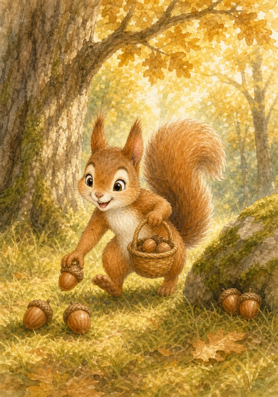 Addie the Squirrel skips through the golden forest, spotting three round acorns under a tall oak tree and two more tucked behind a mossy rock. She tucks them into her tiny woven basket, counting five treasures in total as she starts her busy day.