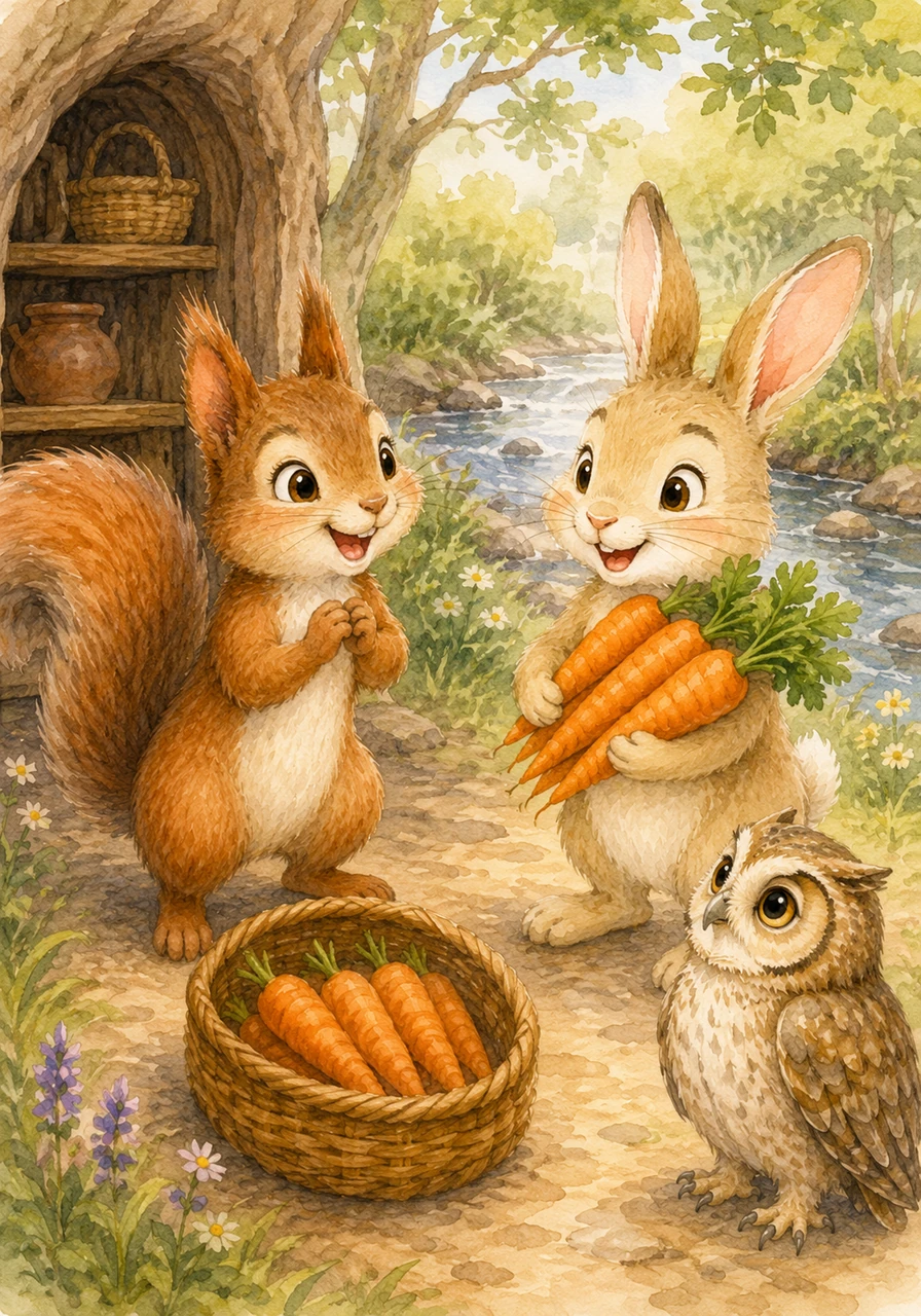 Down by the babbling brook, Addie meets her friend Pip the Rabbit, who carries four crunchy orange carrots. Addie already has four carrots in her pantry, and together they realize they now have eight delicious snacks for the party.