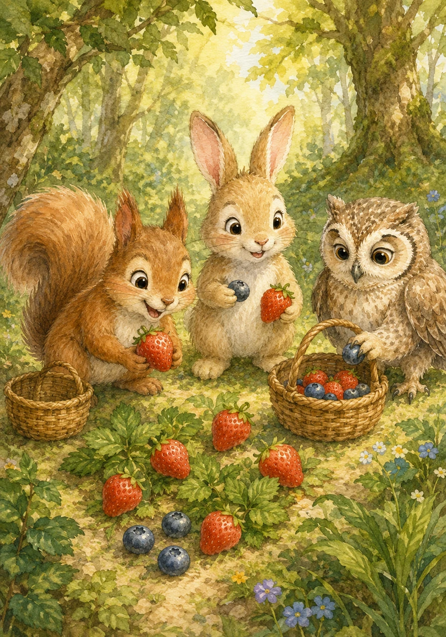 The two friends discover a hidden clearing filled with six bright red strawberries and three sweet blueberries. As they pick them one by one, they see their collection growing to nine colorful berries.