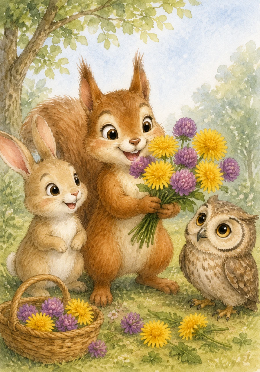 Addie wants the party table to look beautiful, so she picks five sunny yellow dandelions and five royal purple clovers. With a smile, she counts ten flowers, making a perfect, balanced bouquet.