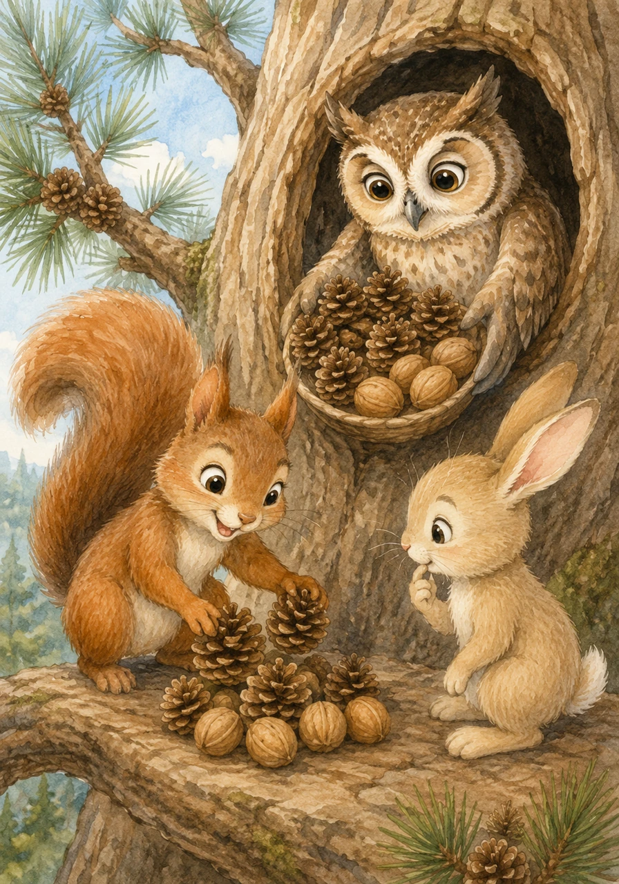 High up in the Great Pine, Oliver the Owl offers seven sturdy pinecones and four smooth walnuts from his hollow. Addie adds them to her pile, carefully calculating that she now has eleven forest treats from her wise friend.