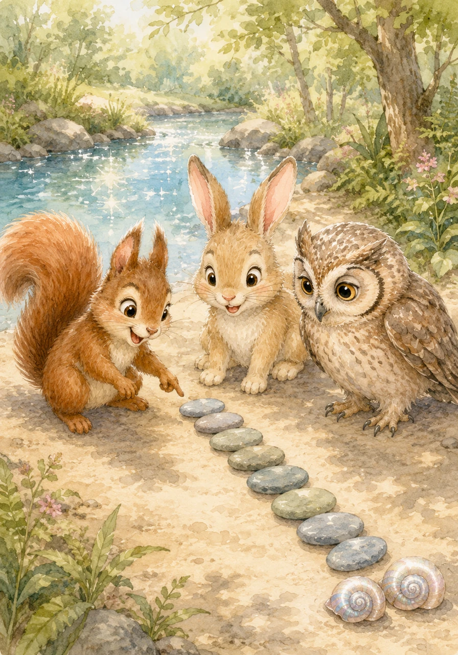 While resting near the sparkling pond, the duo finds eight flat skipping stones and two shimmering spiral shells. They line them up on the sand, totaling ten decorations to line the forest path.