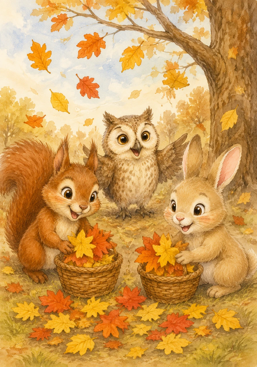 The autumn wind blows, dropping nine bright yellow leaves and six fiery orange leaves right into their path. Addie and Pip gather them all, excited to have fifteen colorful decorations to hang from the branches.