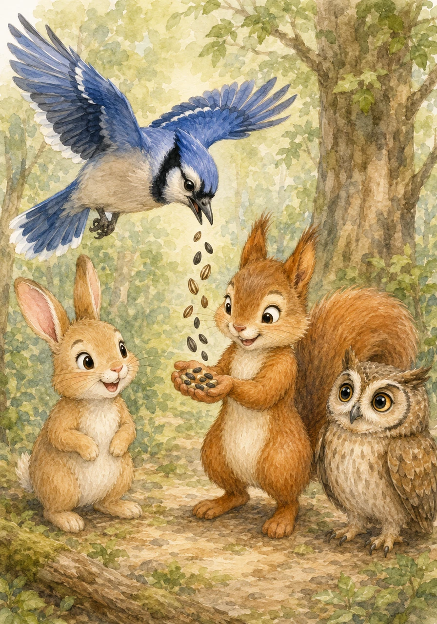 A friendly bluejay flies down, dropping ten tiny sunflower seeds and five striped pumpkin seeds into Addie’s paws. The little squirrel counts them up to fifteen seeds, perfect for a crunchy party snack.