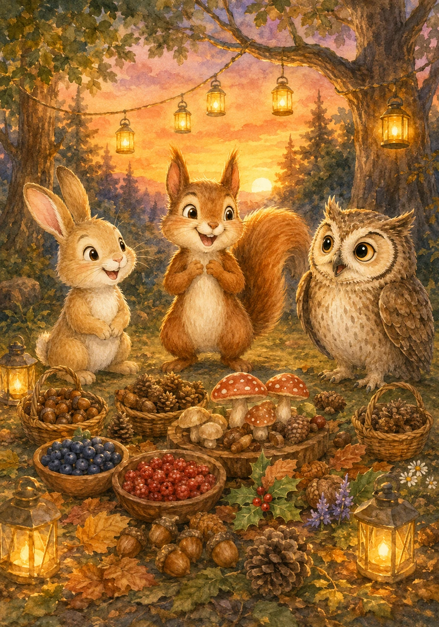 The sun sets as the forest glows with lanterns, and all the gathered items are spread out for everyone to enjoy. Addie feels proud of her hard work and her clever counting, realizing that adding things together makes everything more fun.