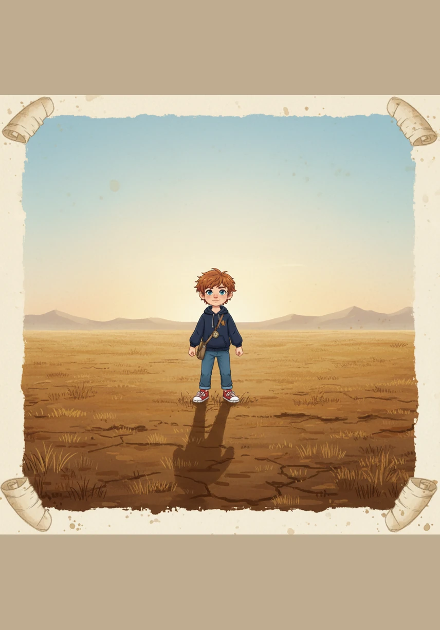 Leo stands in a large empty field with a sketchbook and a pencil, dreaming of turning the brown patch of land into a colorful community park. He wears a yellow hard hat and a bright blue vest, looking ready for a big project.