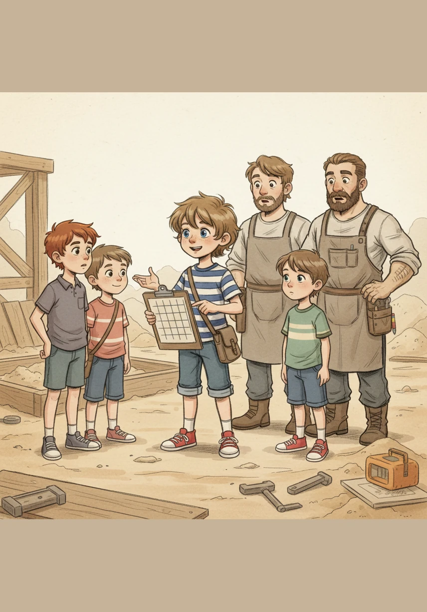 Leo explains that to find the space inside the square, he simply multiplies one side by the other side. He draws a grid of small squares inside his sandbox plan on his clipboard to show how the total area is calculated.