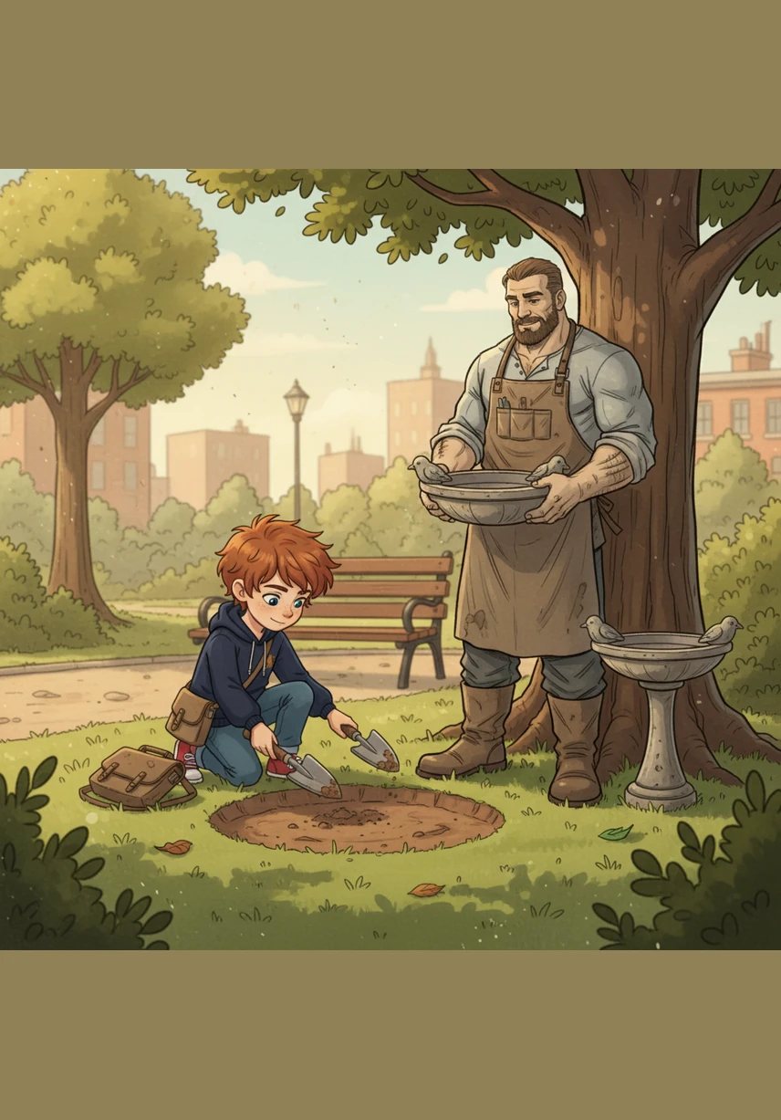In a quiet corner of the park, Leo finds a space shaped like a triangle that would be perfect for a stone birdbath. He carefully measures the flat bottom base and the height from the tip straight down to the ground.