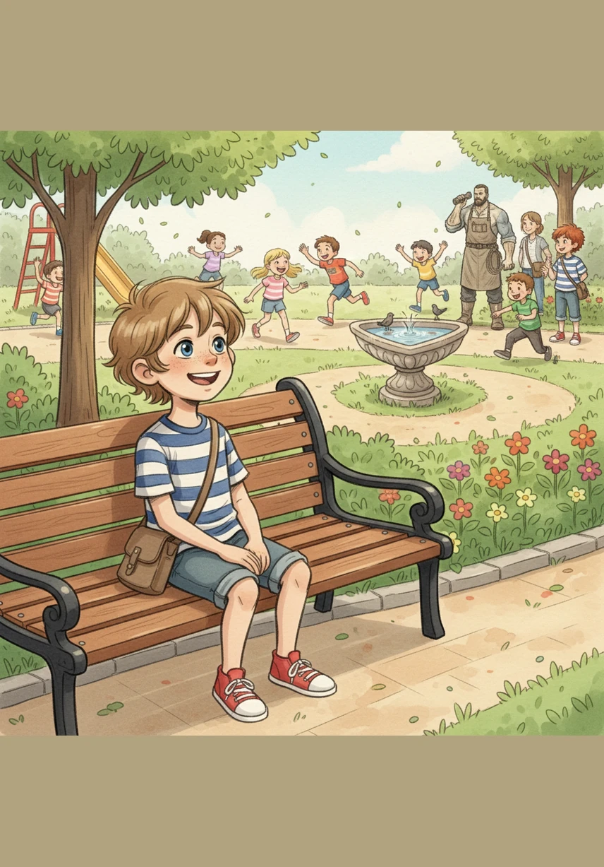 The park is finally complete, and children run around playing while birds splash in the triangular birdbath. Leo sits on a bench, happy that his math lessons helped him create something beautiful and useful for the whole neighborhood.