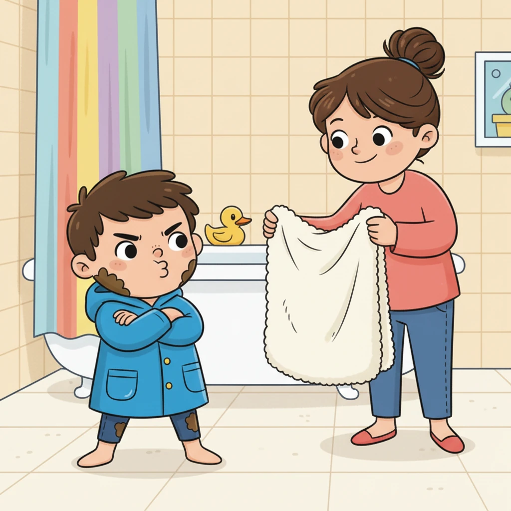 Sua mãe o chamou para a hora do banho, segurando uma toalha fofa e cheirosa. Leo fez uma careta engraçada, balançando a cabeça com um beicinho desafiador. Ele cruzou os braços, determinado a evitar o temido banho a todo custo.