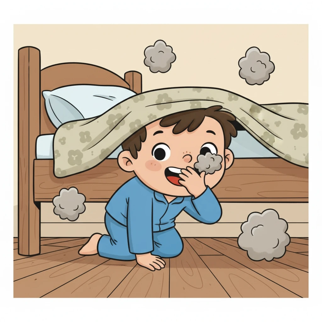 Leo tentou se esconder debaixo da cama, rindo baixinho enquanto sua mãe o chamava pelo nome. Bichinhos de poeira flutuavam ao seu redor, fazendo seu nariz coçar um pouco. Ele achava que era muito esperto por ter escapado da hora do banho.