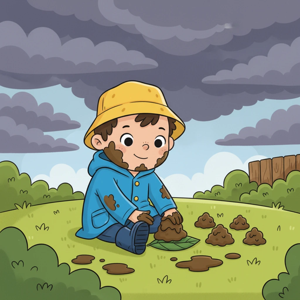 Lá fora, o céu começou a escurecer e algumas nuvens pesadas se juntaram. Leo ainda brincava no jardim, fazendo tortas de lama com as mãos. Ele não percebeu a mudança no tempo, muito ocupado com sua diversão suja.