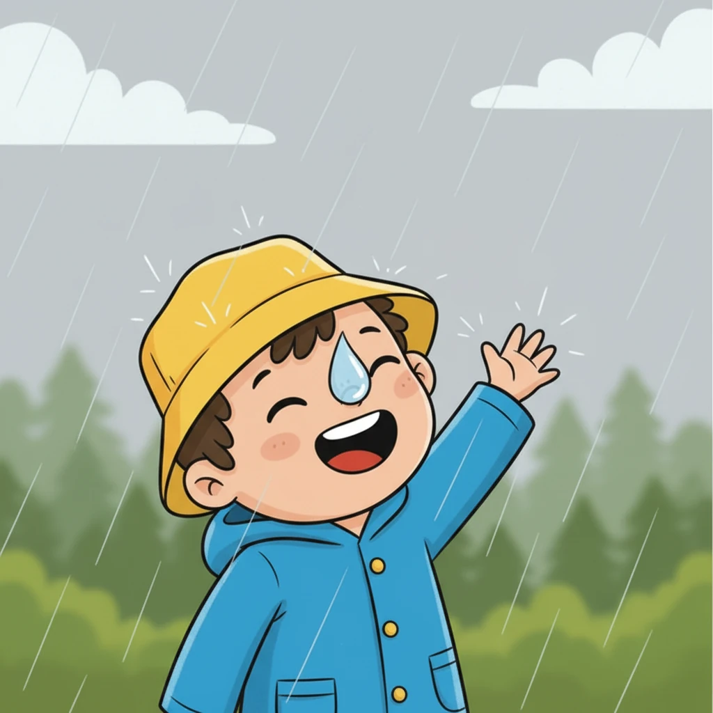 Uma gota de chuva grande e amigável pousou bem no nariz de Leo. Ela parecia fresca e revigorante, fazendo-o rir. Ele olhou para o céu, sentindo uma estranha conexão com a água que caía do alto.