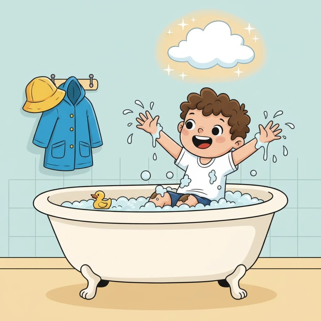 Leo sorriu, finalmente compreendendo a mensagem da chuva. Ele correu para dentro, não para se esconder, mas para encher a banheira. Ele chapinhou e brincou, aproveitando a água morna e o sabonete borbulhante, imaginando-se em uma pequena nuvem.