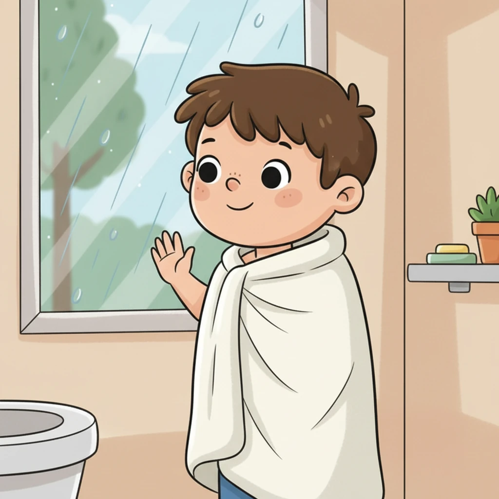 Limpo e reluzente, Leo saiu do banheiro, enrolado em uma toalha grande e macia. Ele se sentia leve e revigorado, pronto para novas e limpas aventuras. Olhou pela janela, agradecendo à chuva agora gentil que caía lá fora.