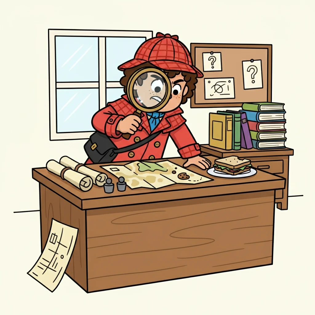 Detective Dash, a small boy with an oversized magnifying glass, stood in his brightly lit detective agency. His desk was covered in maps, notes, and a half-eaten sandwich. Today's case: a missing cookie!
