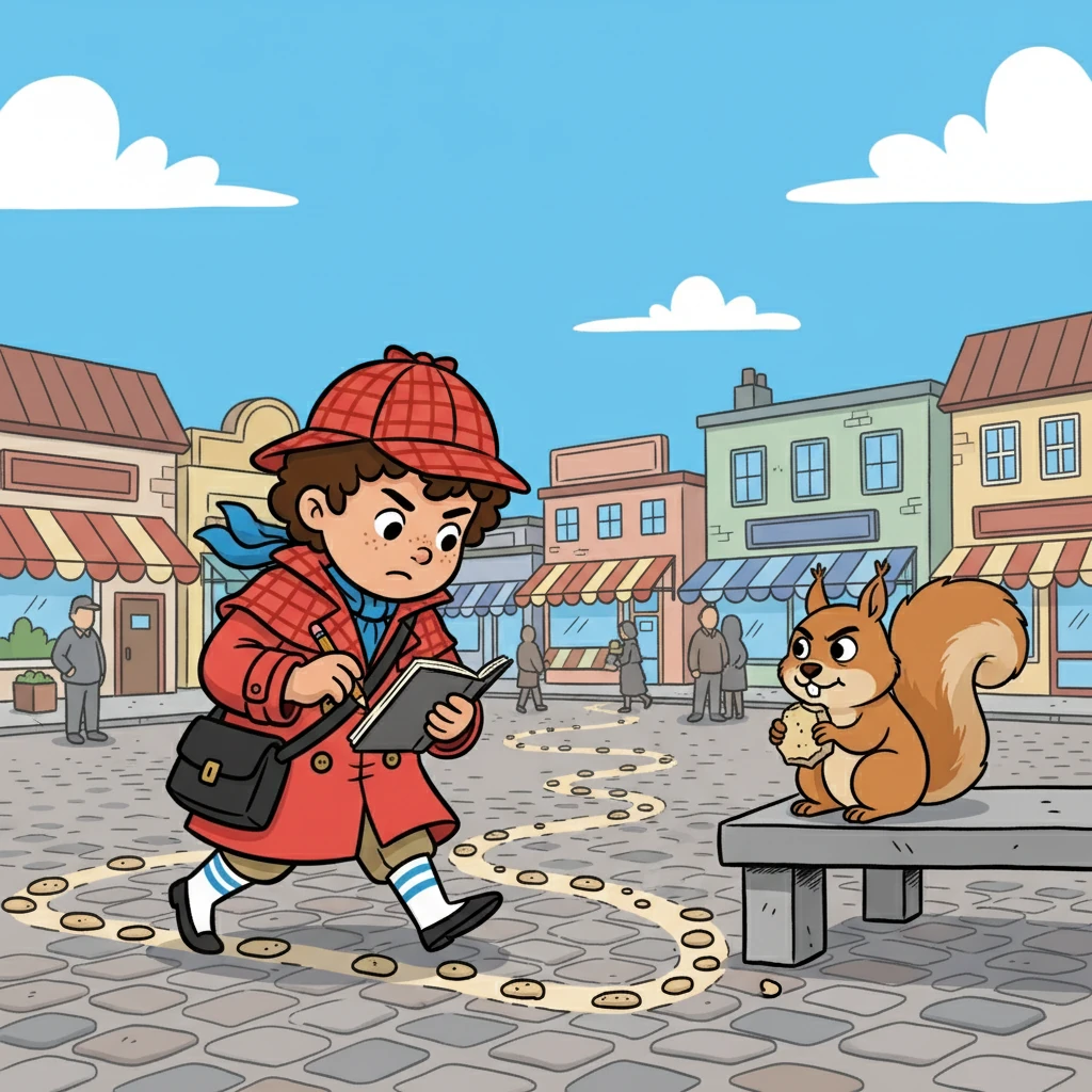 Dash followed a trail of crumbs leading out of the agency and into the bustling town square. A mischievous squirrel darted across the street, looking suspiciously guilty. Dash scribbled in his notebook.