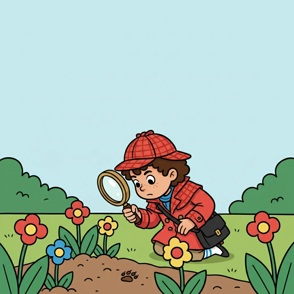 Suddenly, Dash noticed a tiny footprint near a flowerbed. He examined it with his magnifying glass. It was a perfect match for... a cat! But which cat?