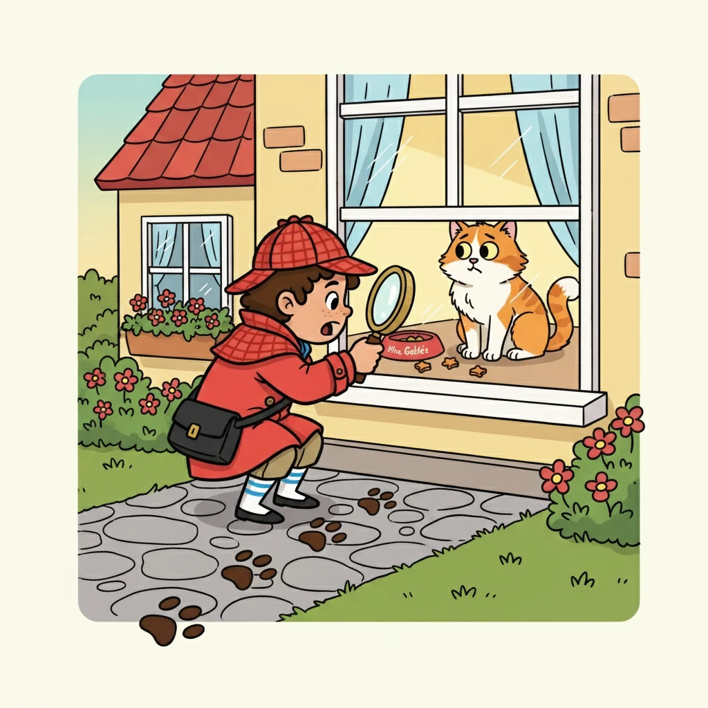 Dash followed the paw prints, which led him to Mrs. Gable's house, known for its delicious cat treats. He peeked through the window and saw a fluffy cat with a guilty expression.