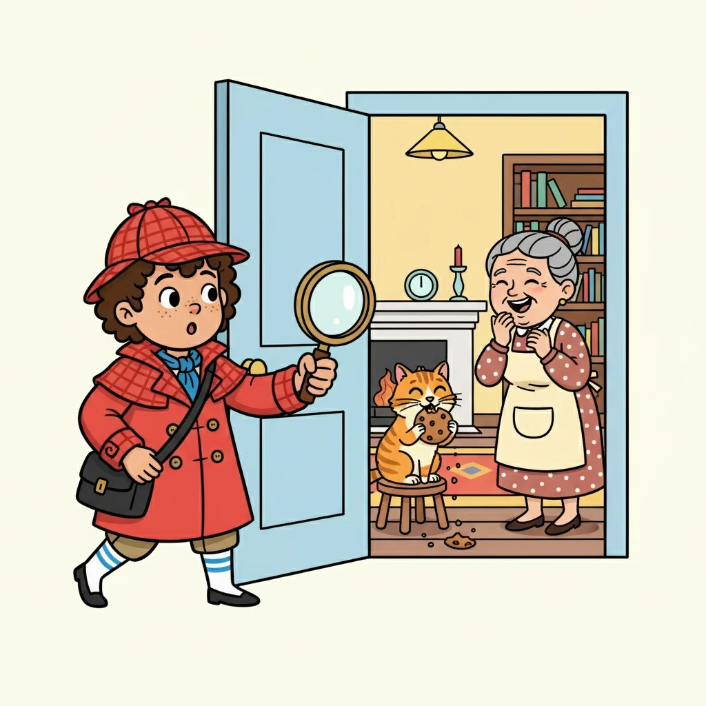 Inside, the cat, Mittens, was happily munching on the missing cookie! Dash knocked on the door and introduced himself. Mrs. Gable was surprised, but amused.