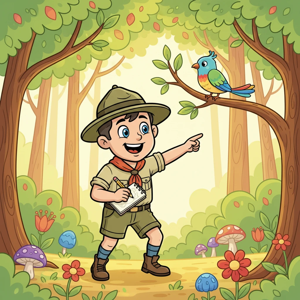 Young Robert, a boy with bright, curious eyes and a cheerful grin, tiptoes through a vibrant, whimsical forest. He wears a jaunty hat and holds a small notebook and pencil, sketching a colorful bird perched on a branch. Sunlight filters through the exaggerated, leafy trees, painting playful patterns on the forest floor.