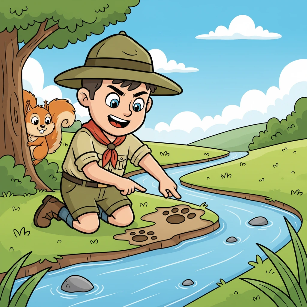With a determined expression, Robert kneels beside a bubbling stream, carefully examining distinct, cartoonish footprints in the soft mud. He points excitedly at the tracks, his imagination running wild with the animal adventures he envisions. A friendly, plump squirrel peeks from behind a tree, watching his keen observation.