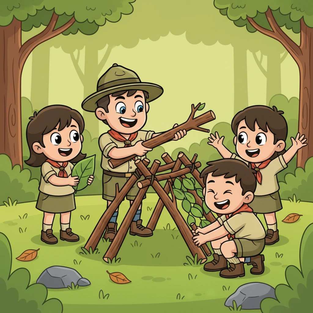 Robert, now with a mischievous twinkle in his eye, shows two friends how to build a tiny, sturdy shelter using oversized branches and leaves. His friends, wide-eyed and smiling, mimic his actions, giggling as they learn about teamwork and outdoor survival. The scene is full of bright greens and browns, emphasizing the natural setting.