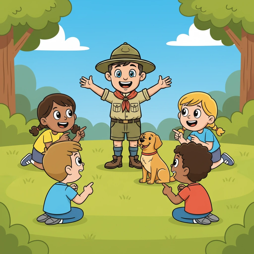 Gathering a circle of eager children around him, Robert, with an enthusiastic wave of his arms, explains his exciting idea for an adventure club. The children, depicted with exaggerated, joyful expressions, listen intently, their eyes sparkling with anticipation for shared discoveries and games. A fluffy, friendly dog sits patiently at Robert's feet.