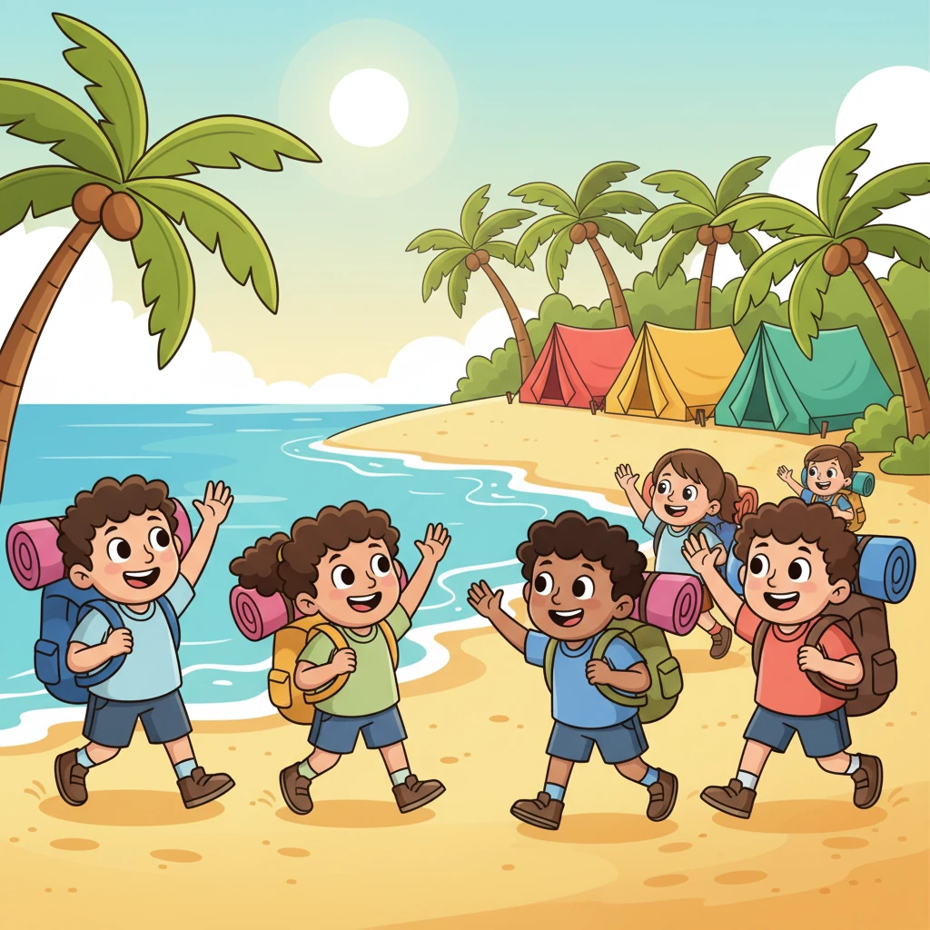 The first campout begins! Young Robert and a group of diverse children arrive at a sunny, cartoonish island, their backpacks comically large and their faces full of excitement. They wave to each other as they make their way towards a cluster of brightly colored tents, ready for a grand adventure together.