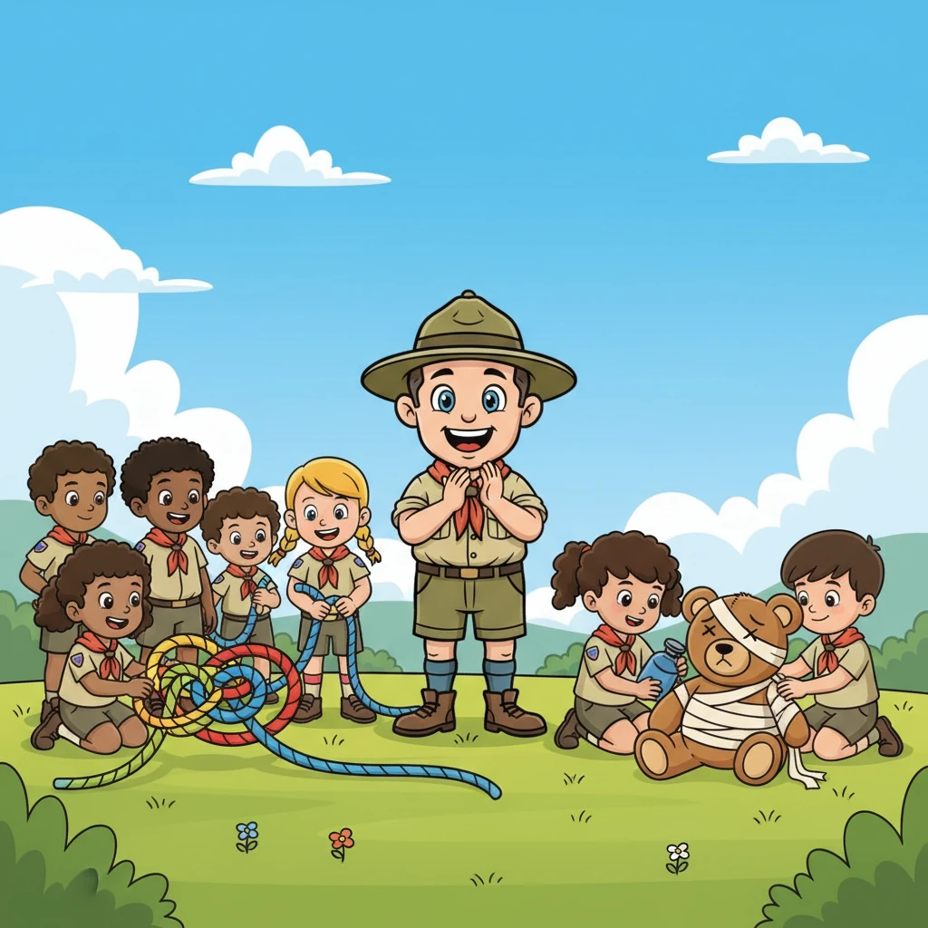Under a clear blue sky, the children are engaged in various fun activities: one group learns to tie an enormous, colorful knot, while another practices basic first aid on a comical, bandaged teddy bear. Robert claps encouragingly, fostering a spirit of learning and playful cooperation among them. The scene is bustling with happy, energetic movement.