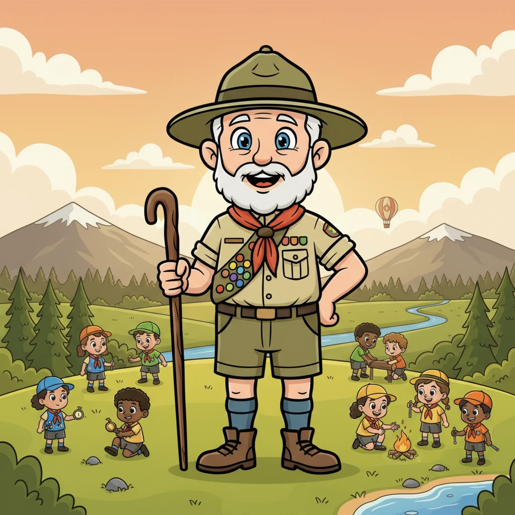 Many years later, Young Robert, now a wise and kind-faced leader, proudly watches countless groups of children, now called 'Scouts,' embarking on their own adventures around the world. They are depicted in various playful uniforms, helping others and exploring nature, embodying the spirit Robert first ignited. His heart swells with joy.