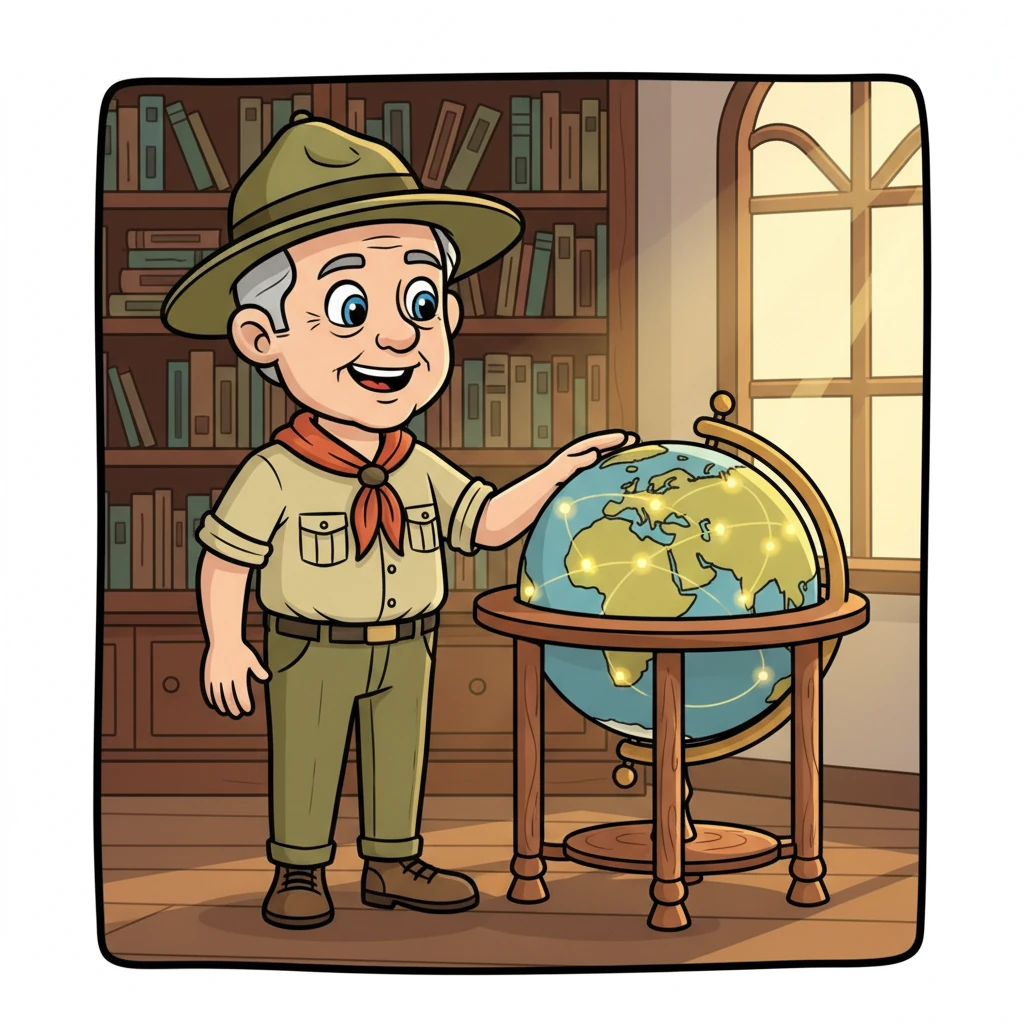 An older, distinguished Robert gazes at a spinning globe, his hand gently resting on it. He smiles warmly as he sees small, glowing dots representing Scout groups spread across every continent, a testament to his simple yet powerful idea. The scene is bathed in a warm, golden light, signifying a legacy of adventure and friendship for all.