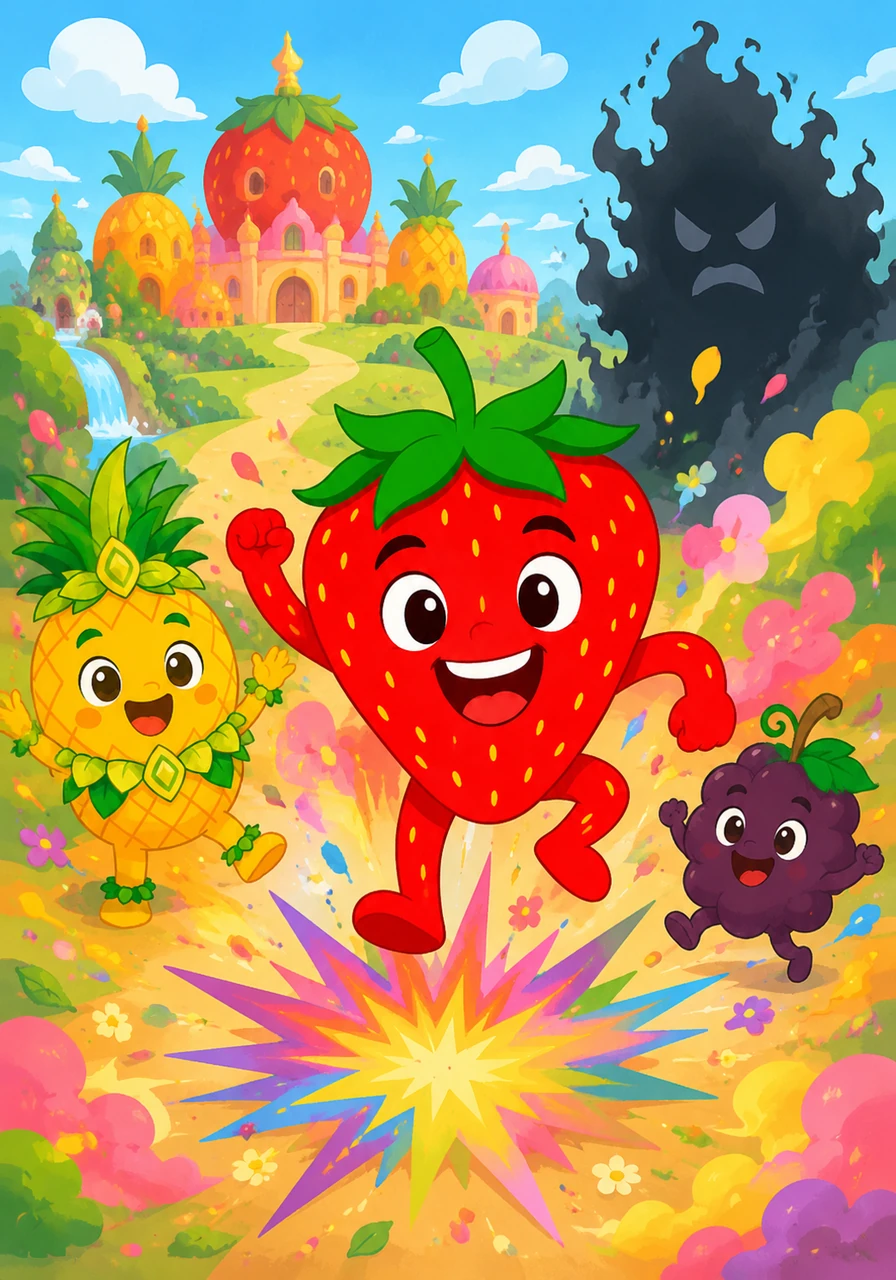 Dans le joyeux Royaume des Fruits, Fruity la petite fraise bondit au rythme d'une musique entraînante qui fait vibrer le sol. Chaque pas qu'il fait déclenche une explosion de couleurs vives et de parfums sucrés dans l'air ambiant.