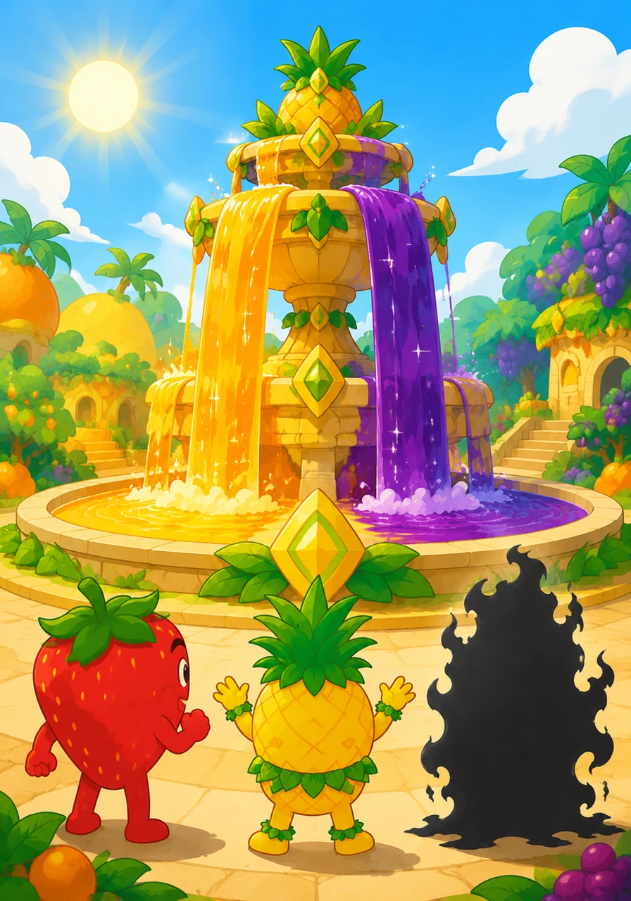 Fruity arrive devant la Grande Fontaine des Tantafruits, où des cascades de jus d'orange et de raisin scintillent sous un soleil radieux. C'est ici que bat le cœur de leur monde, alimentant chaque créature en vitamines et en bonne humeur débordante.