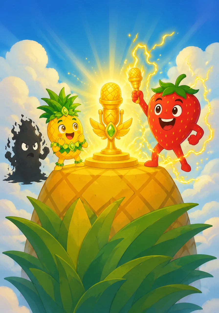 Au sommet d'un ananas géant qui touche les nuages, ils découvrent enfin l'artefact légendaire qui brille d'une lumière dorée intense. Fruity saisit le micro et sent une énergie électrique couler dans ses veines, prête à être libérée par le chant.