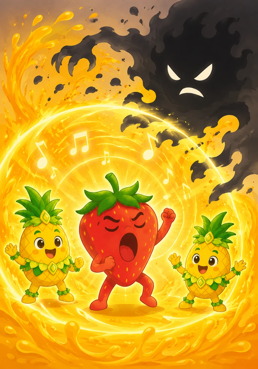 Il commence à chanter le refrain Skibidi avec une telle force que les Tantafruits autour de lui se mettent à rayonner intensément. Les ondes sonores transforment le jus environnant en une aura protectrice qui repousse l'obscurité grandissante.