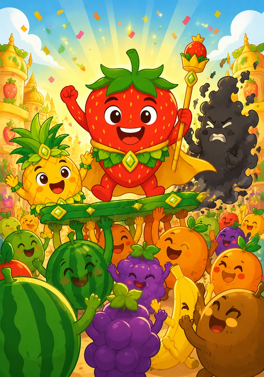 Le Royaume des Fruits retrouve sa splendeur d'antan, avec des couleurs encore plus éclatantes et des rythmes plus joyeux qu'auparavant. Fruity est porté en triomphe par une foule en délire, devenant officiellement le gardien du rythme et du goût.