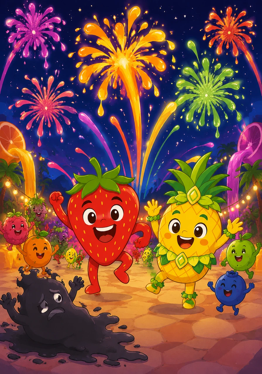 La plus grande fête de l'histoire commence sous les étoiles, avec des feux d'artifice de jus de fruits qui illuminent le ciel nocturne. Tout le monde danse sans s'arrêter au son du Skibidi, célébrant la victoire éternelle et savoureuse des Tantafruits.