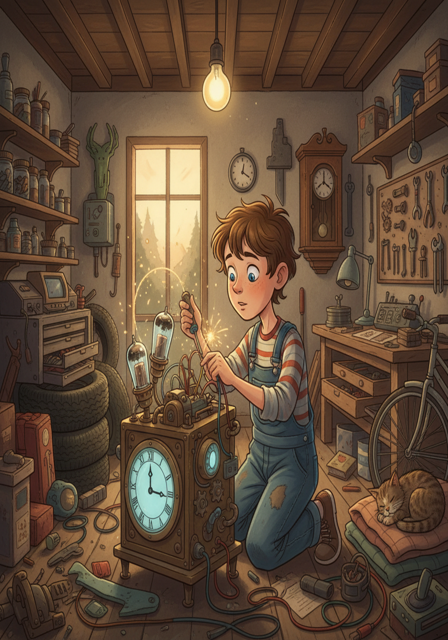 In a cluttered garage, young Tim, with a spark of genius in his eyes, tinkered with wires and gears. His goal: to build a time machine! The room buzzed with anticipation as he put the finishing touches on his creation.