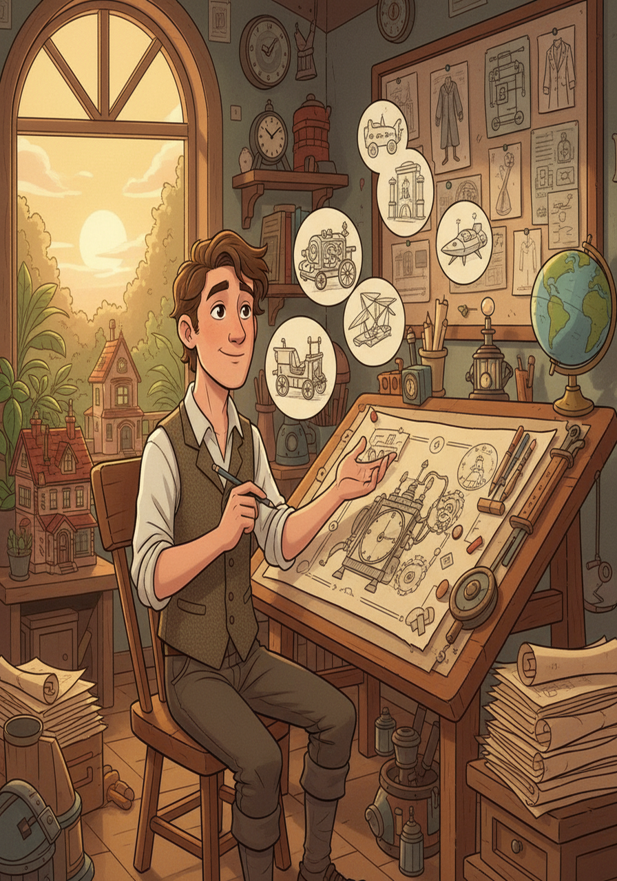 Tim, inspired by his travels, started to plan improvements for his time machine. He made notes about each era's inventions. He began sketching new designs.