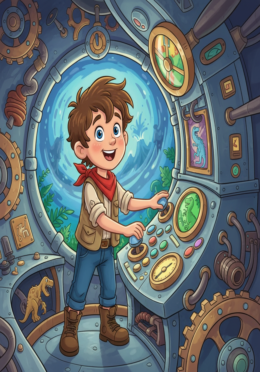 The time machine, a marvel of shiny metal and glowing lights, hummed to life. Tim, filled with excitement, set the dials for the age of dinosaurs, ready for his first adventure.