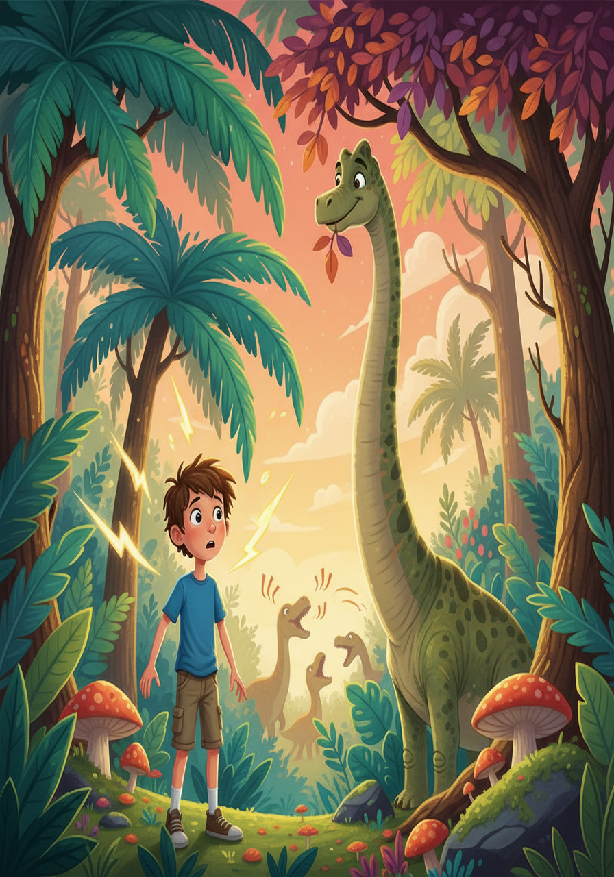 With a flash of light, Tim found himself in a prehistoric jungle. Towering trees and the sounds of roaring dinosaurs filled his senses. A giant Brachiosaurus munched on leaves nearby.